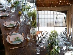 a long wooden table with plates and silverware on it