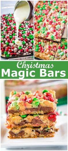 christmas magic bars are stacked on top of each other and topped with candy, marshmallows, and sprinkles