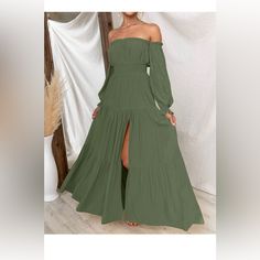 Nwt Color:Armygreen Product Details Fabric Type 100% Rayon One Hundred Percent Rayon Care Instructions Machine Wash Origin Imported Closure Type Pull On Country Of Origin China About This Item S=Us 4-6,M=Us 8-10,L=Us 12-14,Xl=Us 16-18. Features: Classic Solid Plain Color, Puff/Lantern Sleeve Dress, Chic Flounce Sleeve, Casual Elastic High Waist, Cute Layer Ruffle Hem, Sexy High Split Design, The Off Shoulder Maxi Dress Greatly Show Your Charming Shoulder And Your Delicate Collarbone. This Flowy Green Ruched Off-shoulder Maxi Dress, Billowy Green Maxi Dress For Summer, Green Billowy Maxi Dress, Fitted Green Maxi Dress With Smocked Back, Green Ruched Flowy Maxi Dress, Chic Green Dress With Smocked Cuffs, Green Billowy Casual Dress, Flowy Green Maxi Dress For Fall, Green Flowy Maxi Dress For Fall