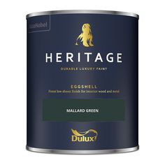 a can of dulux's heritage egghell paint on a white background with gold lettering