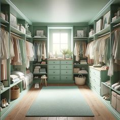 a green closet filled with lots of clothes and shoes next to a large open window