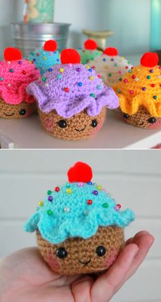 crocheted cupcakes with colorful frosting and sprinkles on them