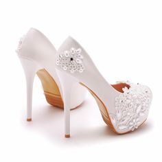 Details: Style: Gorgeous Embellishment: Rhinestone ,Faux pearl,LACE Heels Type: Stiletto Heel height: 4.33inch/5.51inch Closure Type: Slip on Toe: Round Toe Upper Material: PU Leather Sole Material: Rubber Lining Material: PU Leather Pearl Lace, Elegant High Heels, Lace Heels, Pearl And Lace, Lace Decor, Dress Purchase, Different Fabrics, Color Shades, Stiletto Heel