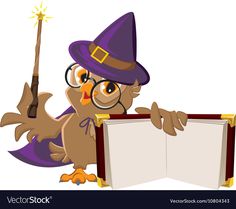 an owl in a witch hat holding a book and pointing at it with a wand