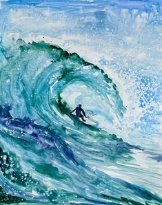 a painting of a person riding a wave on a surfboard