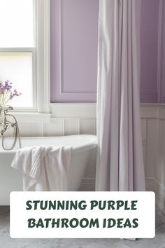 a bathroom with purple walls and white bathtub next to a flower vase on the window sill