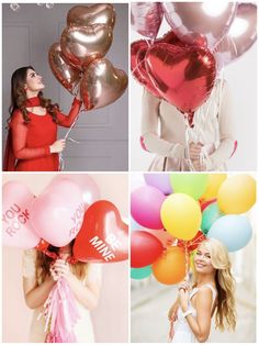 four different pictures with balloons and woman in white dress