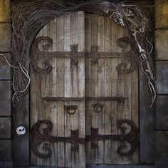 an old wooden door with vines growing over it and a skull on the outside wall