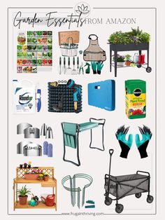 the garden essentials from amazon are shown in this graphic above it's image