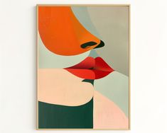 an abstract painting with red lips on a white wall