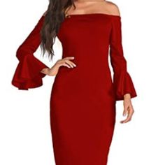 Size: Small (Bust: 33.9"/ 86cm Waist: 25.2"/ 64cm Hips: 34.6"/ 88cm Length: 41.3"/ 105cm) Color: Red Material: 95% Polyester & 5% Spandex Features: -Long Ruffle Sleeve -Off Shoulder -Bodycon, Solid Color Midi Dress. Due To Hygiene Reasons We Cannot Accept Exchange Or Returns On Non-Faulty Items So Please Check Size Measurement Elegant Fall Bodycon Dress For Brunch, Red Bodycon Dress For Fall, Elegant Ruffled Bodycon Dress For Fall, Elegant Red Midi Dress For Fall, Red Sheath Dress For Fall, Red Sheath Bodycon Dress For Fall, Sheath Midi Dress For Fall Brunch, Red Bodycon Midi Dress For Fall, Red Bodycon Dress For Formal Fall Occasions