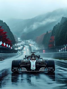 a race car driving down a wet road