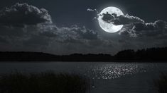 the full moon is shining brightly in the night sky above water and grass on the shore