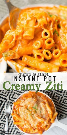 a bowl of creamy ziti with pasta in it and the words instant pot creamy ziti