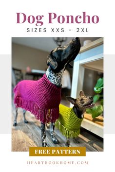 two dogs wearing sweaters with the words dog poncho sizes xxs - 2xl