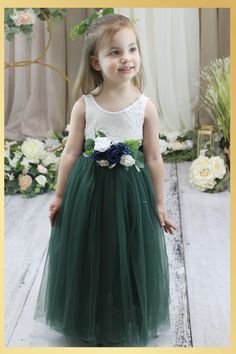 floral sash for flower girl dress in hunter green and navy Green Flower Girl Dress, Wedding Kids Outfit, Green Flower Girl Dresses, Floral Sash, Lace Back Dresses, Green Tulle, Layered Tulle Skirt, Weddings By Color, Dress Birthday