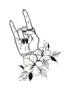 a black and white drawing of a hand making the peace sign with flowers in front of it