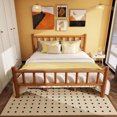 a bedroom with yellow walls and white bedding