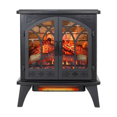 an image of a stove that is in the shape of a fire place with glass doors