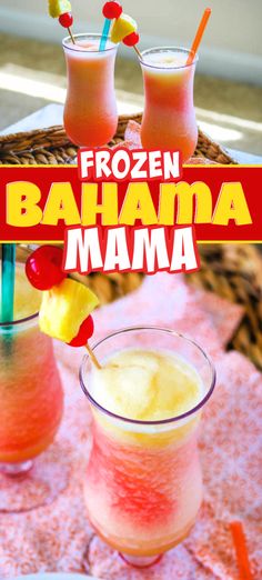 frozen banana mama cocktails with pineapple garnish on the rim and in glasses