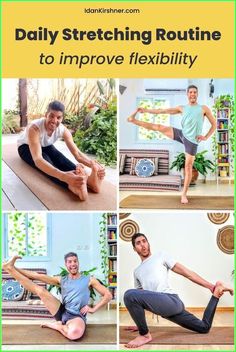 a man and woman doing yoga poses with the words daily stretching routine to improve flexibility