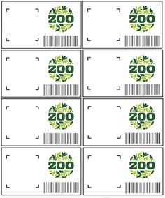 four coupons with the words zoo on them in green and white circles, all printed out