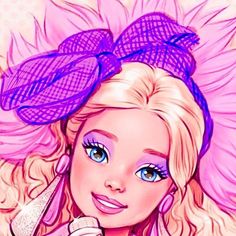 a drawing of a blonde haired girl with blue eyes and pink hair wearing a purple hat