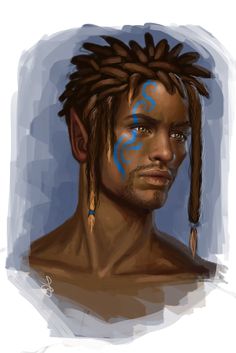 a drawing of a man with dreadlocks on his head and blue paint painted on his face