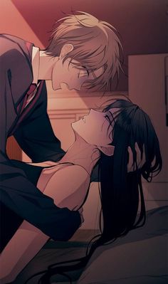 an anime scene with two people kissing and one is holding the other's head