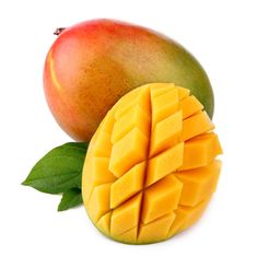 two mangoes with one cut in half and the other whole on a white background