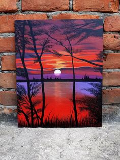 an acrylic painting of a sunset over a lake