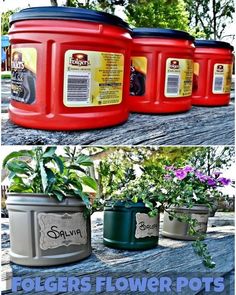 four different images of flower pots with flowers growing out of them and the bottom one is red