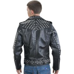 Model C with Studs - Brando Style Biker Jacket with Snap-up Belt Loops and Quilt Lining Rocker Outerwear With Spikes For Biker Events, Winter Biker Leather Jacket With Studs, Fitted Moto Outerwear With Studs, Moto Leather Jacket With Studs For Winter, Moto Outerwear With Studs, Winter Moto Leather Jacket With Studs, Rock Style Spiked Outerwear For Biker Events, Biker Leather Jacket With Spikes For Biker Events, Edgy Rivets Outerwear For Biker Events