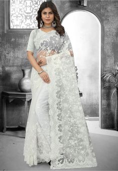 White Net Saree, Bollywood Sarees Online, White Saree, Designer Sarees Online, Georgette Fabric