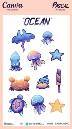 an ocean themed sticker sheet with sea animals and starfishs on the side