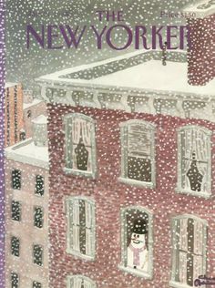 the new york times cover shows a snow covered building with two cats looking out windows