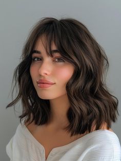 Stylish Shoulder Length Hair with Curtain Bangs: Trends & Tips Shoulder Length Hair Middle Part Bangs, Short Hair Middle Part Curtain Bangs, Super Layered Hair Short, Shoulder Length Brown Hair With Bangs, Brunette Bangs Medium Length, Shoulder Length Hair With Long Bangs, Long Bob Bangs, Shoulder Length Bob With Bangs, Curtain Bangs Shoulder Length Hair