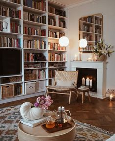 a living room filled with lots of furniture and bookshelves next to a fire place