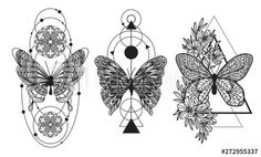 three butterflies with intricate designs on them