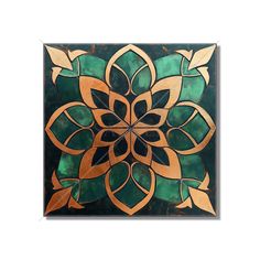 a green and gold tile with an intricate flower design on the center, surrounded by arrows