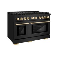 ZLINE Autograph Edition 48 in. 6.7 cu. ft. Paramount Double Oven Dual Fuel Range with 8 Burner Gas Cooktop in Black Stainless Steel and Polished Gold Accents (SDRBZ-48-G) Zline Autograph Edition, Gas Range Double Oven, Door And Window Design, Small Oven, Convection Cooking, Cast Iron Griddle, Grilling Sides, Gold Knobs, Dual Fuel Ranges