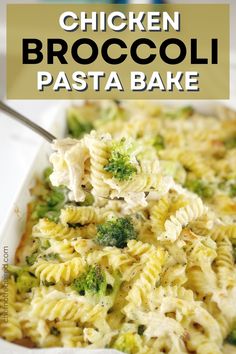 Creamy spiral pasta with broccoli and chicken in a white baking dish with a spoon. Chicken Broccoli Pasta Casserole, Chicken And Broccoli Pasta Bake, Dinners With Chicken, Broccoli Cheese Chicken, Chicken Broccoli Pasta Bake, Chicken Broccoli Pasta Recipes, Chicken And Broccoli Pasta, Using Rotisserie Chicken, Casserole With Chicken