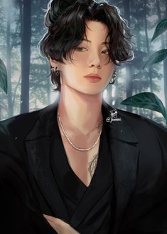 a digital painting of a woman with dark hair and piercings in front of trees