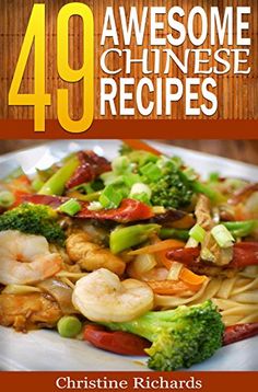 the cover of the cookbook shows shrimp, broccoli and noodles on a plate