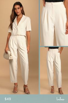 The Lulus Posh Company Ivory Pleated High-Waisted Trouser Pants will take your confidence levels to new heights! These dress pants are composed of woven fabric that shapes a pleated high-rise silhouette (with elastic at the back for fit), belt loops, a fabric-covered top button, and a hidden zip-fly. Relaxed, straight pant legs with side seam pockets end at ankle-length hems. Pair with the matching blazer for a complete look! Fit: This garment fits true to size. Length: Ankle length. Size medium Beige Bottoms For Semi-formal Spring Events, Beige Bottoms For Semi-formal Spring Occasion, Beige Bottoms For Spring Semi-formal Occasion, Beige Semi-formal Bottoms For Spring, White Semi-formal Spring Pantsuit, Spring Semi-formal White Pantsuit, Chic Semi-formal White Pants, Cream High-waisted Pants For Business Casual, Spring White Pantsuit For Business Casual