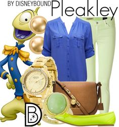 an image of a woman's outfit and shoes with the words disney world pleakley on it