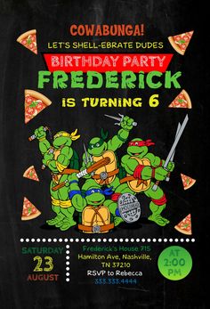 an image of a birthday party with turtles and pizzas on the chalkboard background