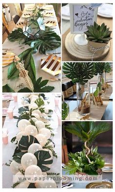 the table is decorated with green plants and white balloons