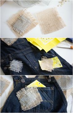 three pictures showing how to sew an old pair of jeans with some fabric on them