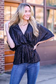 S / Black Sequins of Events V-Neck Top - Madison and Mallory Sequin Blouse, Going Out Tops, Glitz And Glam, V Neck Tops, The Star, Peplum Top, Final Sale, Short Sleeves Tops, Bell Sleeve Top